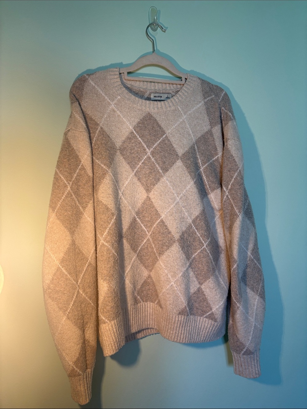 Beige Argyle Crewneck Hollister Sweater